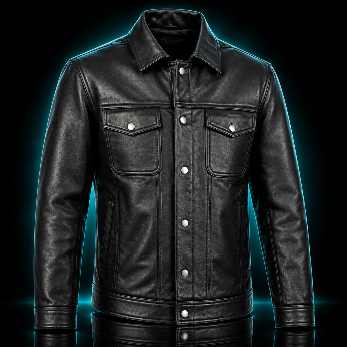 Mens Real Black Leather Trucker Jacket Western Denim Style Snap Button Moto Coat-