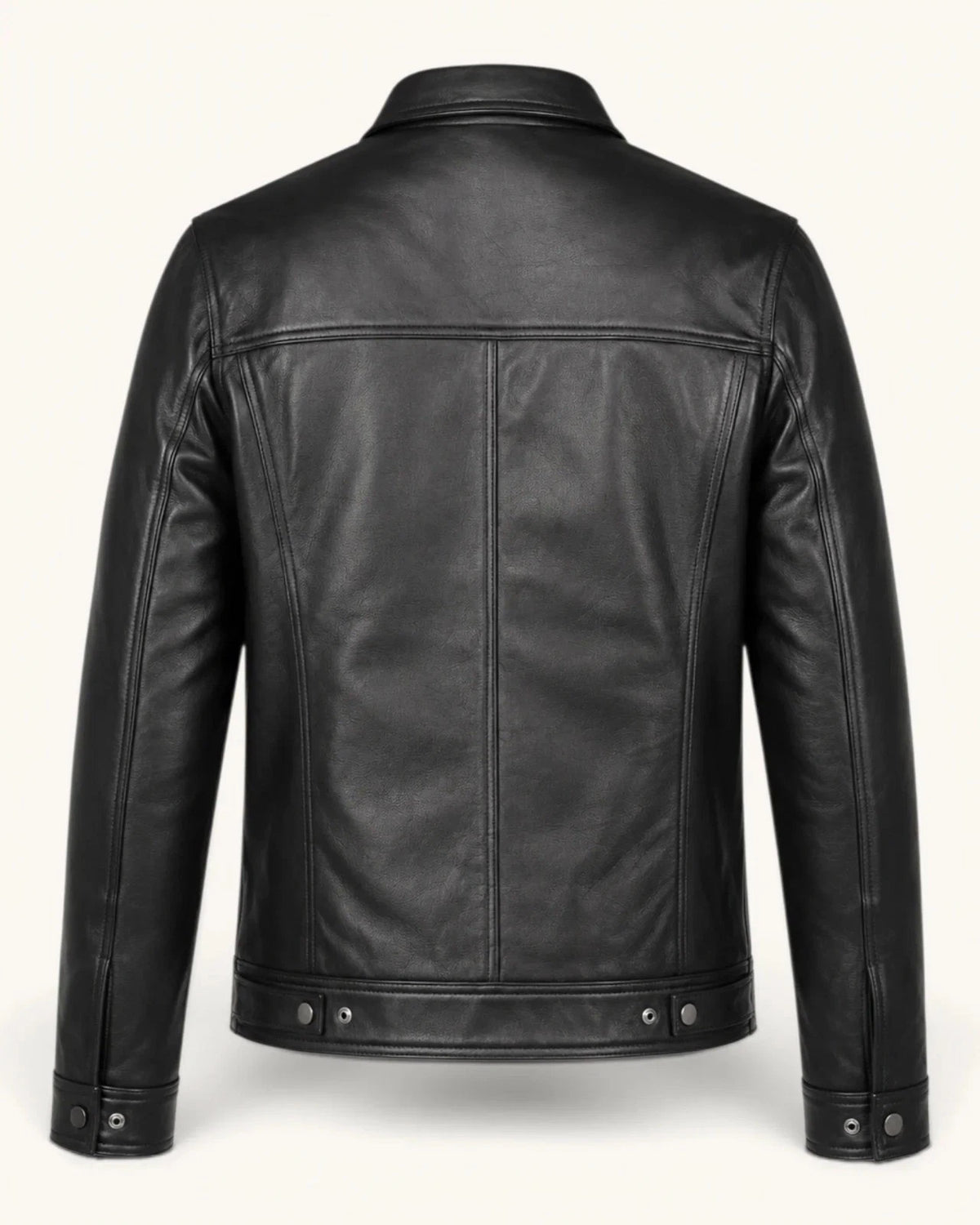 Mens Real Black Leather Trucker Jacket Western Denim Style Snap Button Moto Coat-
