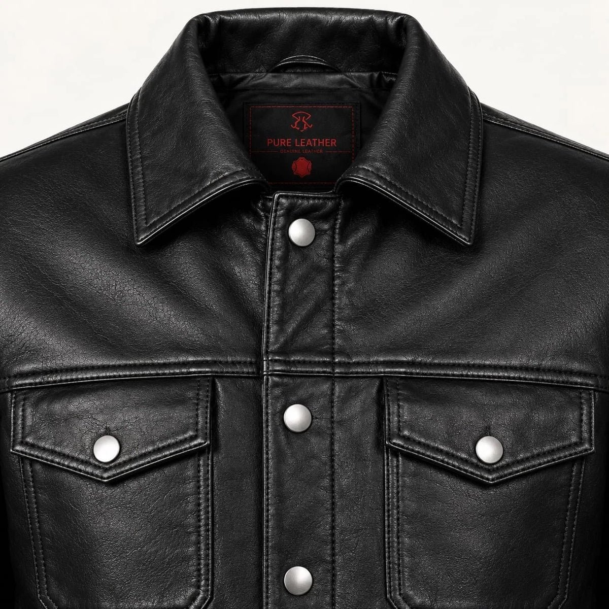 Mens Real Black Leather Trucker Jacket Western Denim Style Snap Button Moto Coat-