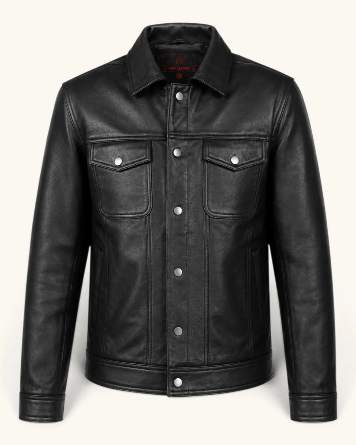 Mens Real Black Leather Trucker Jacket Western Denim Style Snap Button Moto Coat-